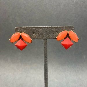 Pierced Earrings Abstract Flower Salmon Pink Red Diamond Ellipse Gold Retro Barb